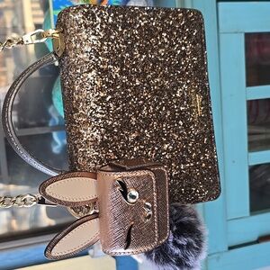 Kate Spade New York 3 Piece Kissed Glittery Gray Pebbled Handbag Ear Bud Case&C.